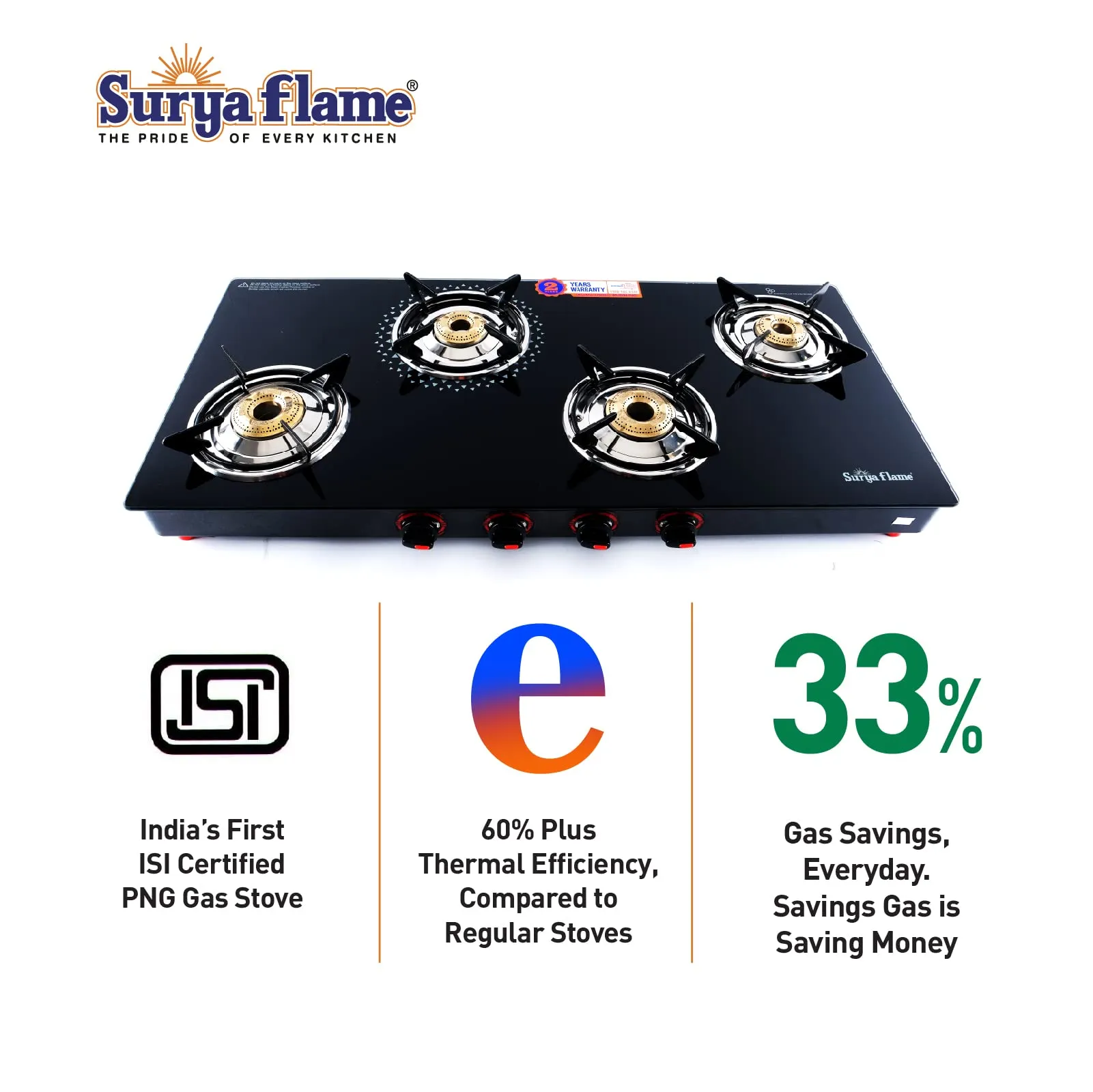 Surya Flame Smart Gas Stove 4 Burners With Glass Top | LPG Gas Dual Layer Rubber Hose Pipe 1.5M | Stainless Steel Elegant Gas Stove Lighter With Knife, Peeler Knife and Shredder (Pack of 4)