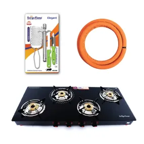 Surya Flame Smart Gas Stove 4 Burners With Glass Top | LPG Gas Dual Layer Rubber Hose Pipe 1.5M | Stainless Steel Elegant Gas Stove Lighter With Knife, Peeler Knife and Shredder (Pack of 4)