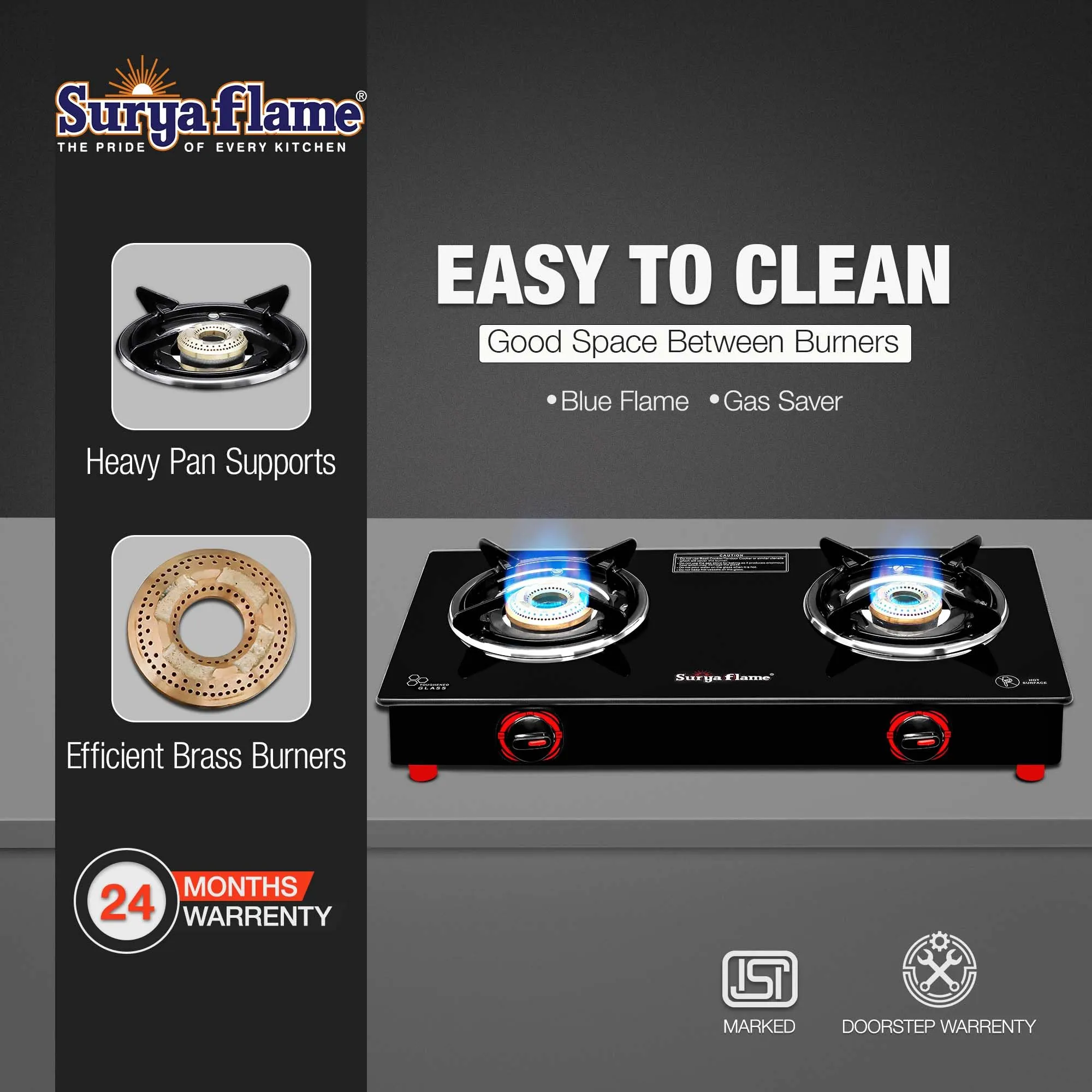 Surya Flame Smart Gas Stove Glass Top | LPG Gas Stove With Jumbo Burner | Unbreakable ABS Knobs | Anti Skid Legs | Rust Free Body - 2 Years Complete Doorstep Warranty (2 Burner, 2)