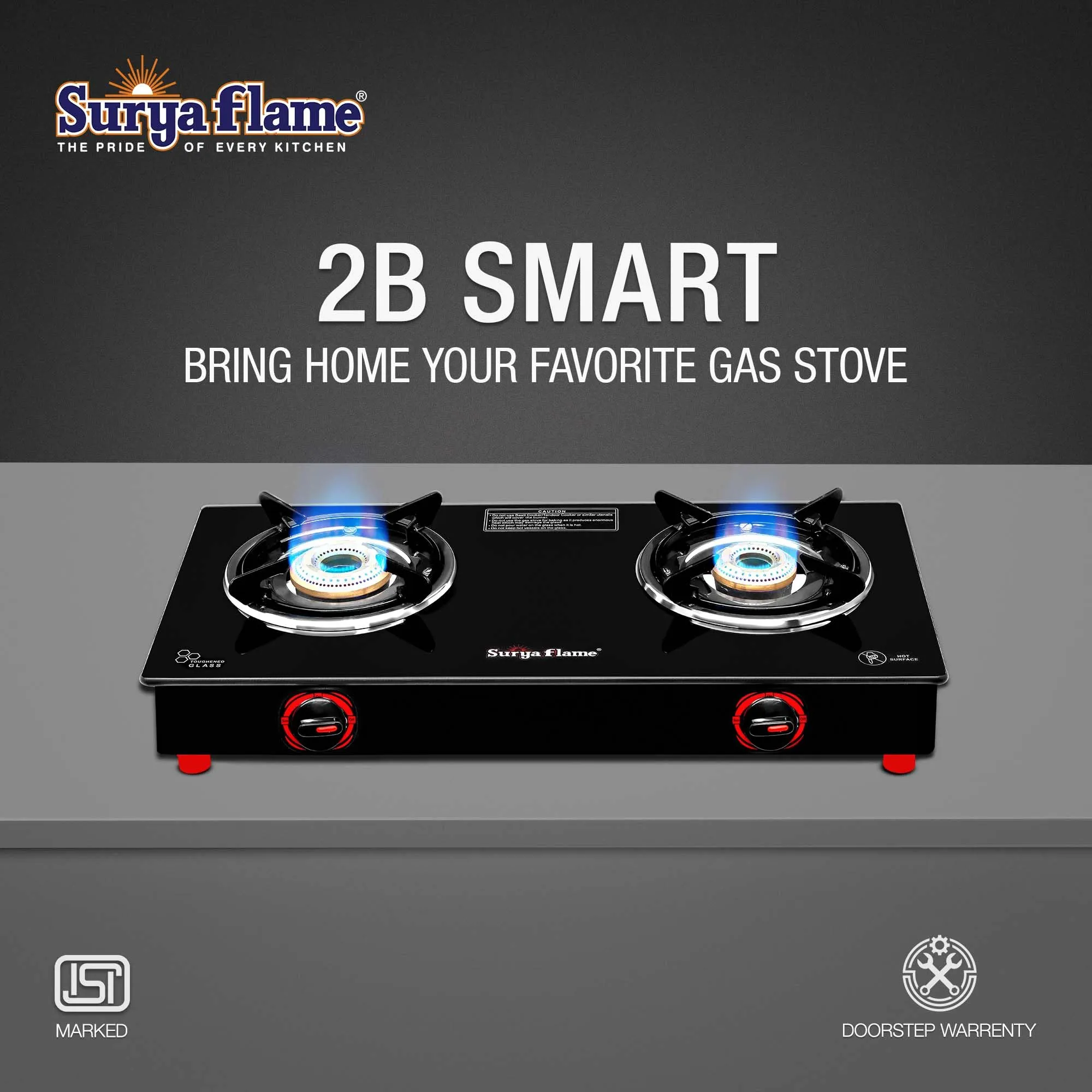 Surya Flame Smart Gas Stove Glass Top | LPG Gas Stove With Jumbo Burner | Unbreakable ABS Knobs | Anti Skid Legs | Rust Free Body - 2 Years Complete Doorstep Warranty (2 Burner, 2)