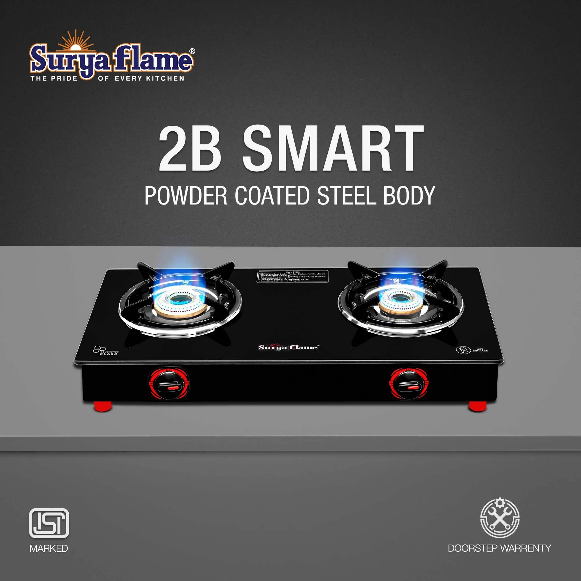 Surya Flame Smart Gas Stove Glass Top | LPG Gas Stove With Jumbo Burner | Unbreakable ABS Knobs | Anti Skid Legs | Rust Free Body - 2 Years Complete Doorstep Warranty (2 Burner, 2)