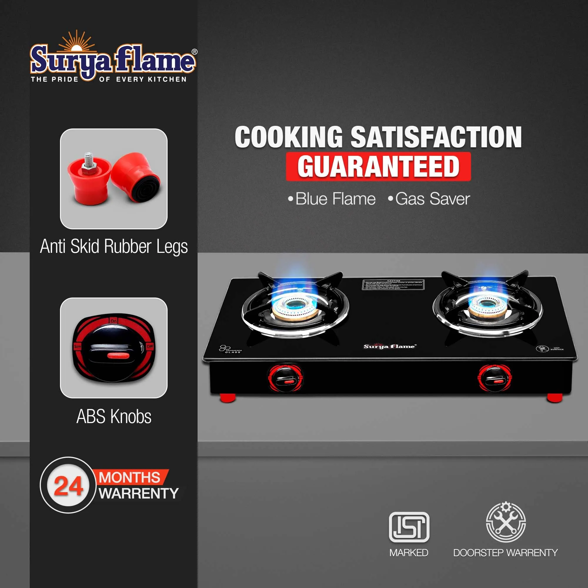 Surya Flame Smart Gas Stove Glass Top | LPG Gas Stove With Jumbo Burner | Unbreakable ABS Knobs | Anti Skid Legs | Rust Free Body - 2 Years Complete Doorstep Warranty (2 Burner, 2)