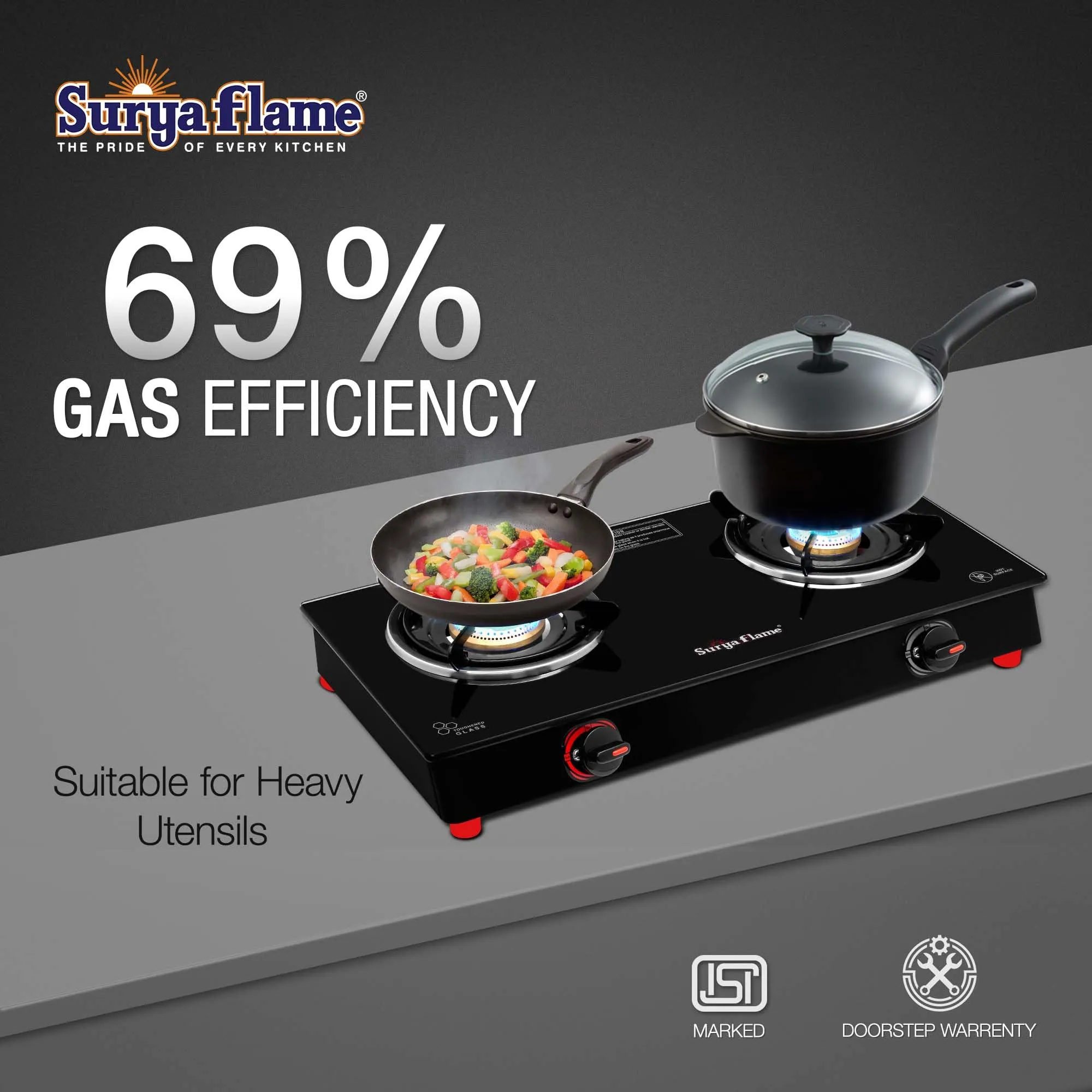 Surya Flame Smart Gas Stove Glass Top | LPG Gas Stove With Jumbo Burner | Unbreakable ABS Knobs | Anti Skid Legs | Rust Free Body - 2 Years Complete Doorstep Warranty (2 Burner, 2)