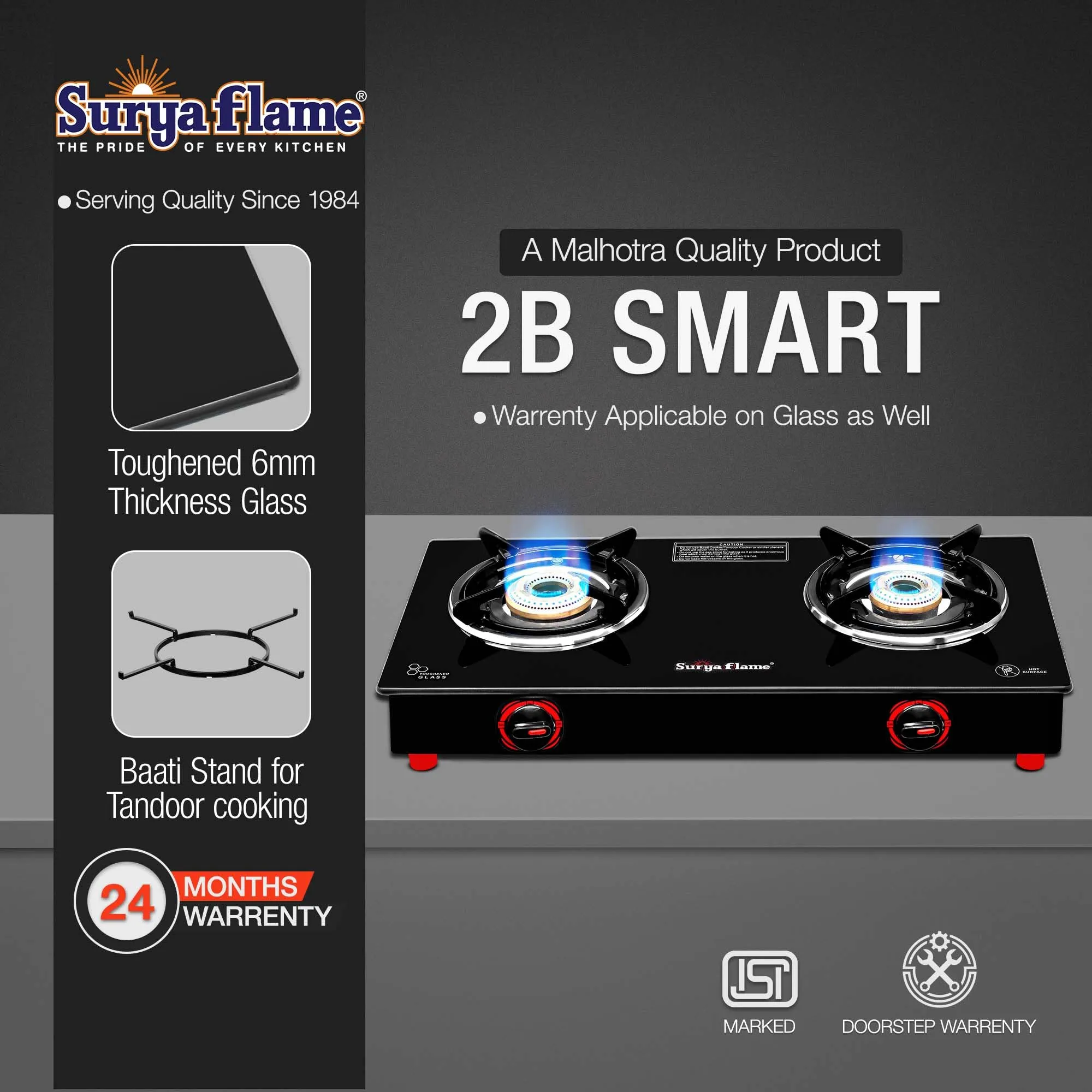 Surya Flame Smart Gas Stove Glass Top | LPG Gas Stove With Jumbo Burner | Unbreakable ABS Knobs | Anti Skid Legs | Rust Free Body - 2 Years Complete Doorstep Warranty (2 Burner, 2)