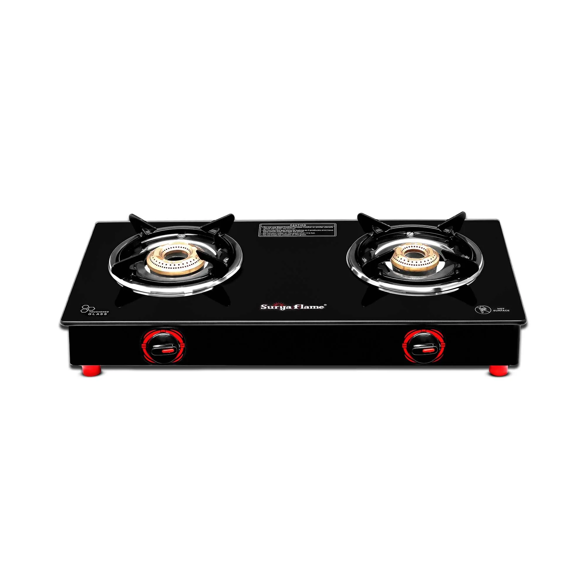 Surya Flame Smart Gas Stove Glass Top | LPG Gas Stove With Jumbo Burner | Unbreakable ABS Knobs | Anti Skid Legs | Rust Free Body - 2 Years Complete Doorstep Warranty (2 Burner, 2)