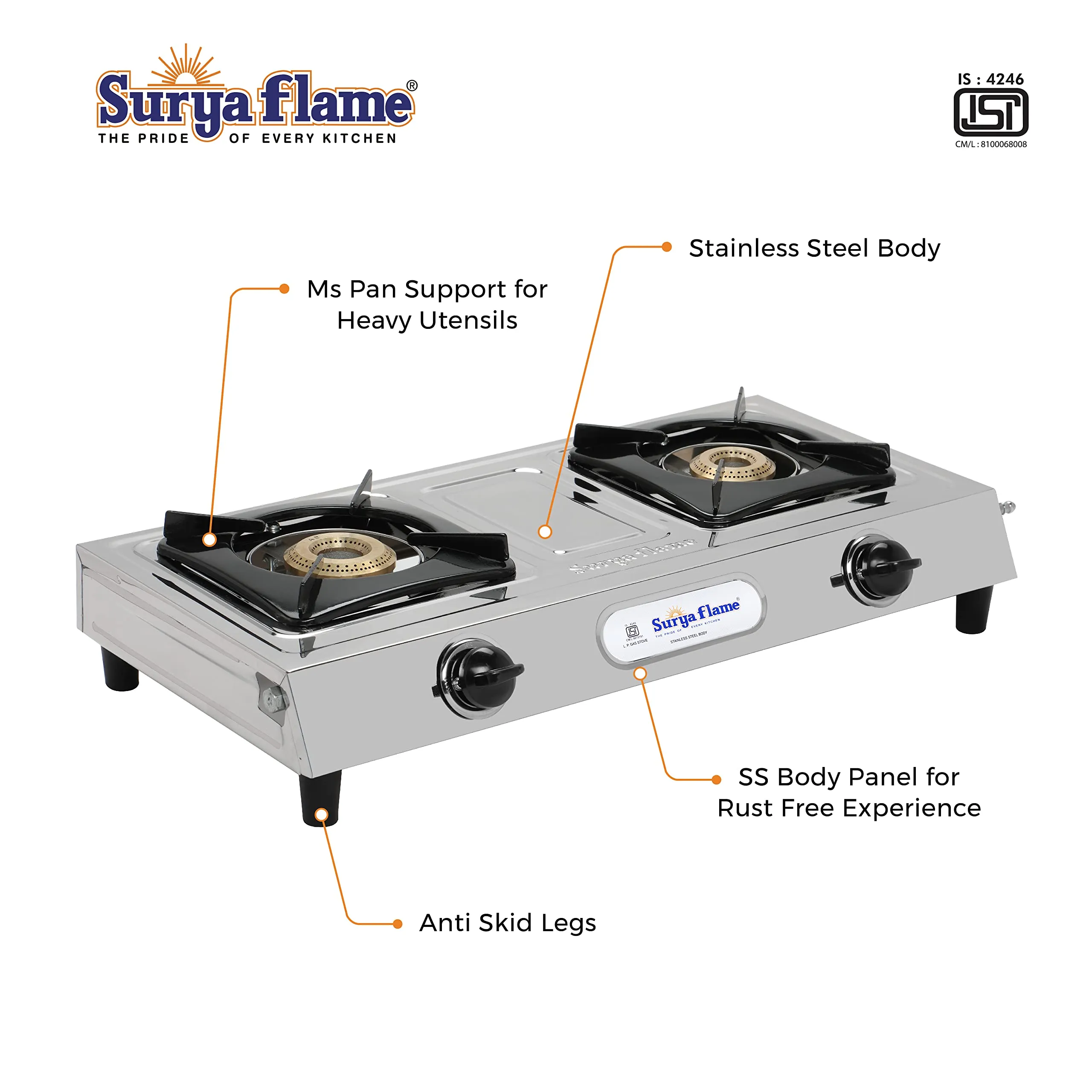 Surya Flame Venus Gas Stove 2 Burners Manual LPG Stove | LPG Gas Dual Layer Rubber Hose Pipe 1.5M | Premier Stainless Steel Gas Lighter with Knife