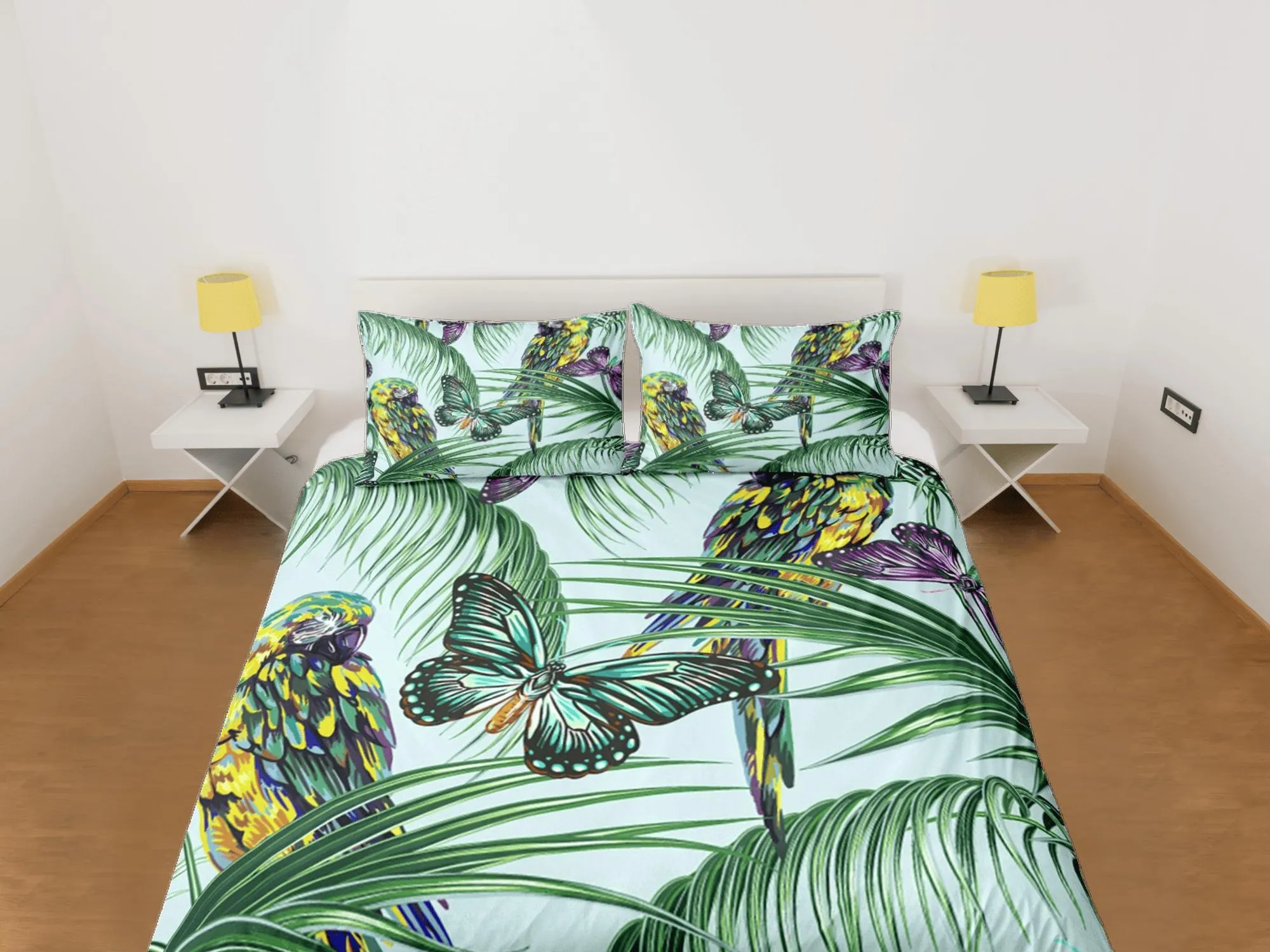 Tropical Butterflies Green Duvet Cover Set Colorful Bedspread, Dorm Bedding Pillowcase, Comforter Cover Twin