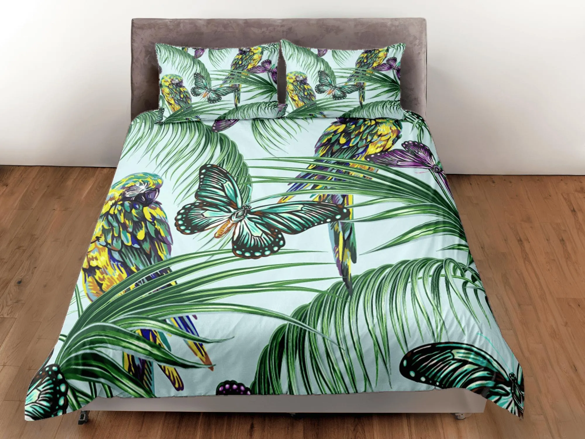 Tropical Butterflies Green Duvet Cover Set Colorful Bedspread, Dorm Bedding Pillowcase, Comforter Cover Twin