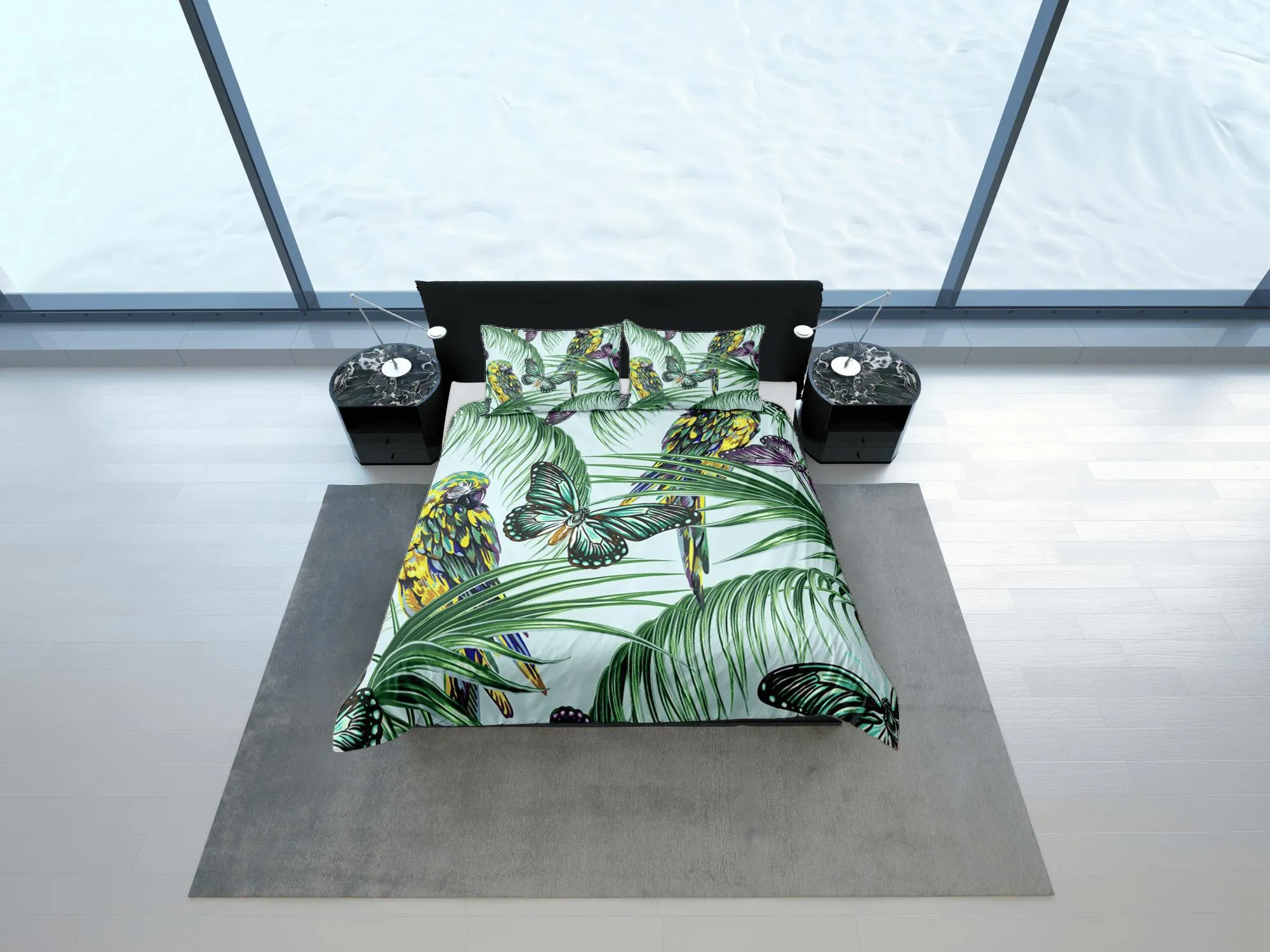 Tropical Butterflies Green Duvet Cover Set Colorful Bedspread, Dorm Bedding Pillowcase, Comforter Cover Twin