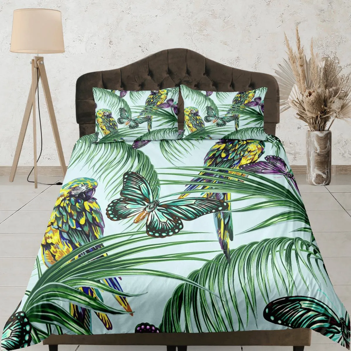 Tropical Butterflies Green Duvet Cover Set Colorful Bedspread, Dorm Bedding Pillowcase, Comforter Cover Twin