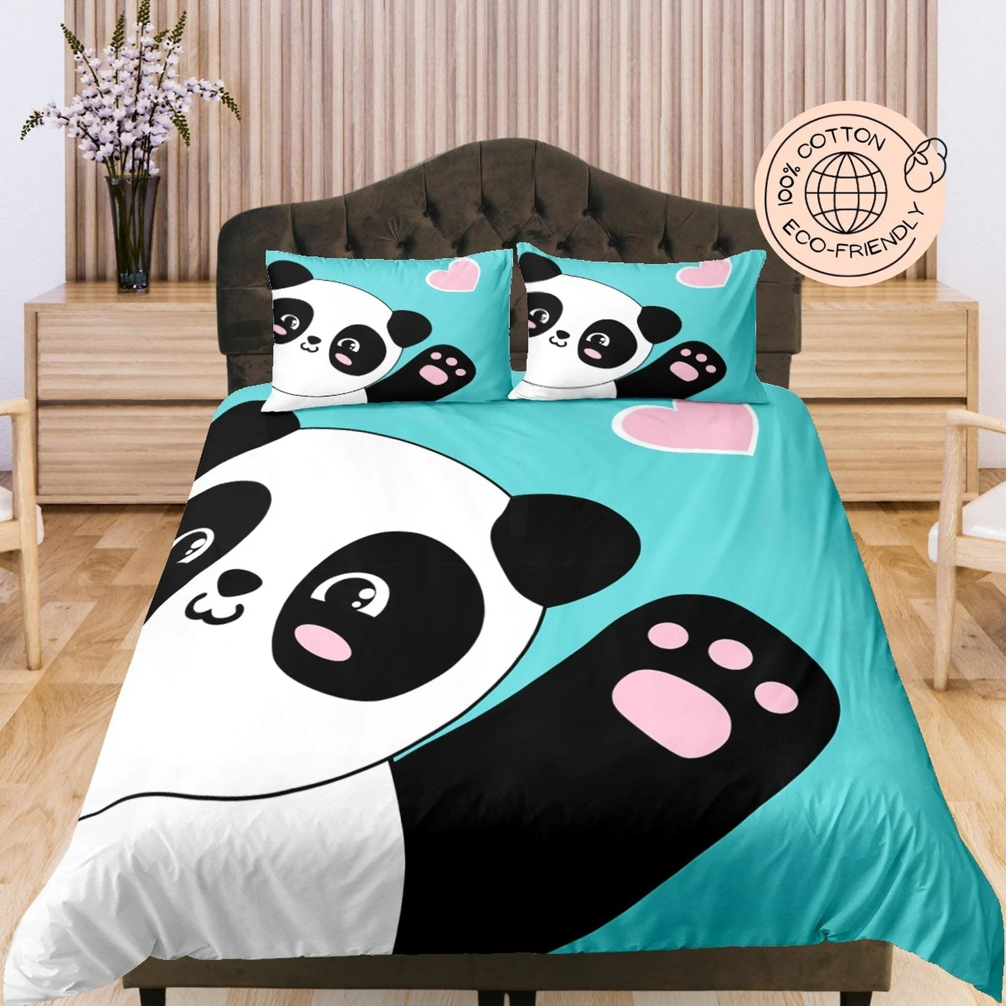 Waving Cute Panda, Cyan Cotton Duvet Cover Set for Kids, Toddler Bedding, Baby Zipper Bedding, Nursery Cotton Bedding, Crib Blanket