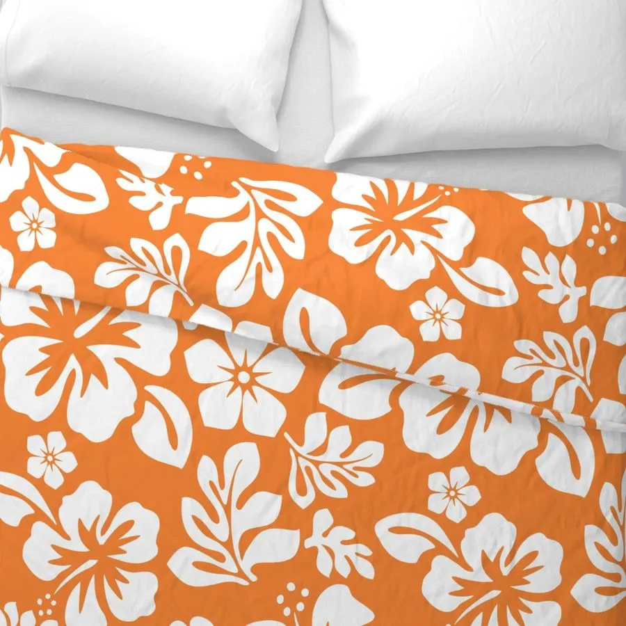 White Hibiscus and Hawaiian Flowers on Juicy Orange Duvet Cover -Medium Scale