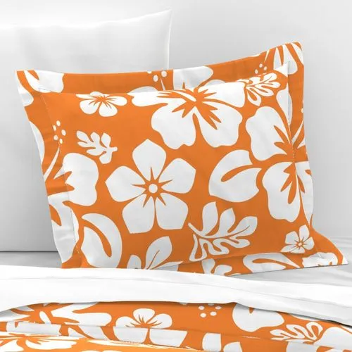 White Hibiscus and Hawaiian Flowers on Juicy Orange Duvet Cover -Medium Scale