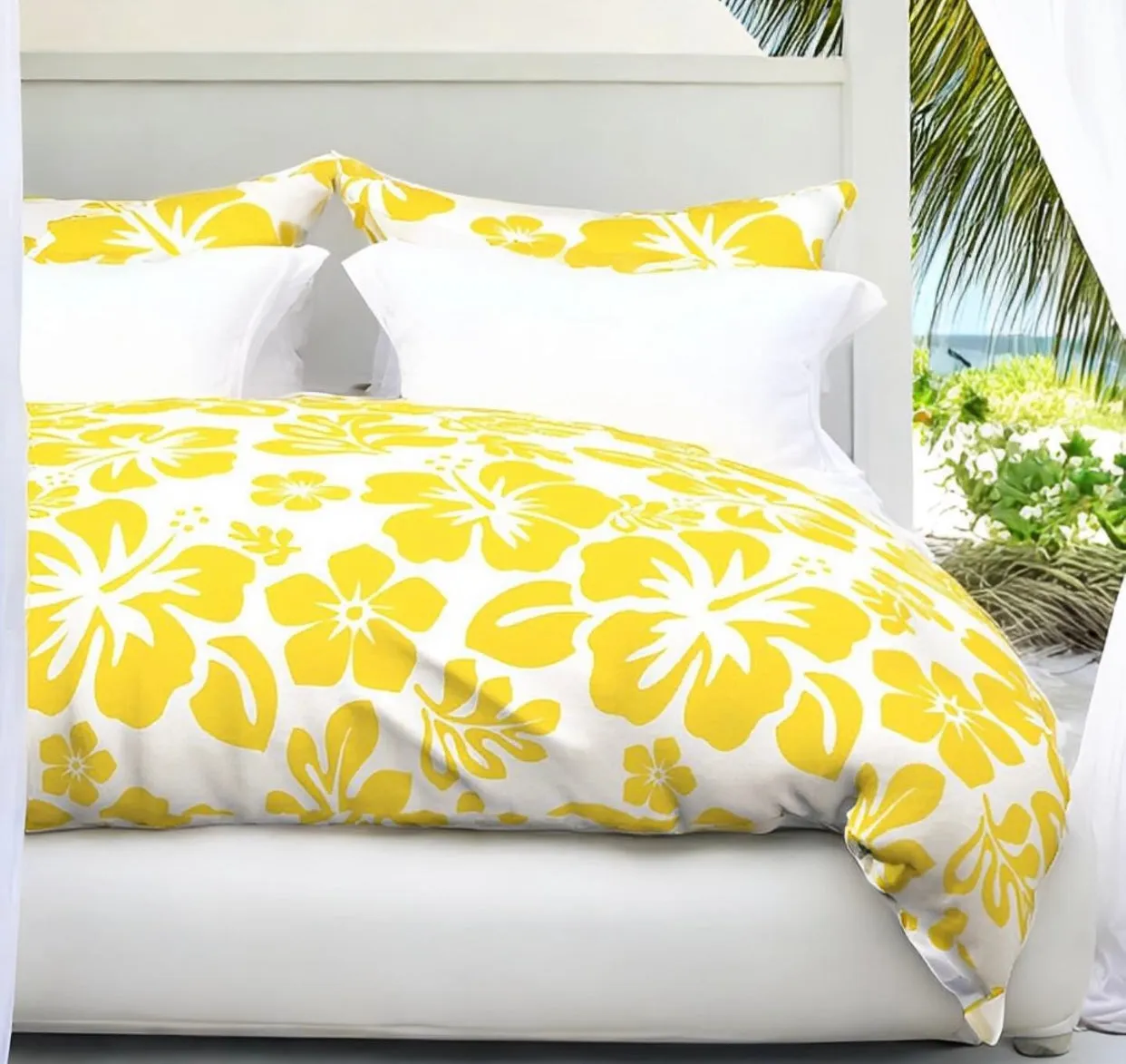 Yellow Hawaiian Hibiscus Flowers on White Duvet Cover - Medium Scale