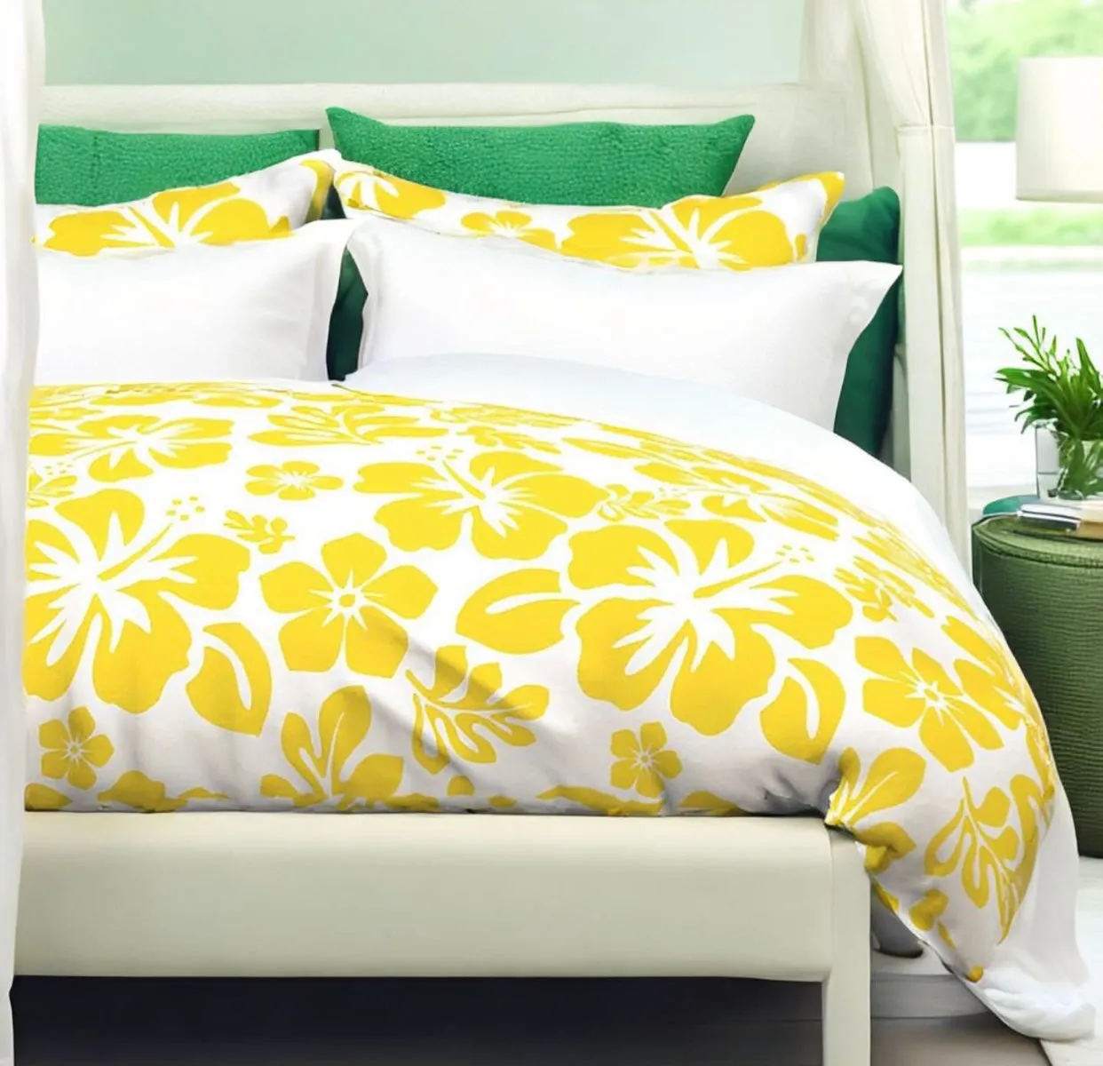 Yellow Hawaiian Hibiscus Flowers on White Duvet Cover - Medium Scale