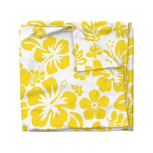 Yellow Hawaiian Hibiscus Flowers on White Duvet Cover - Medium Scale