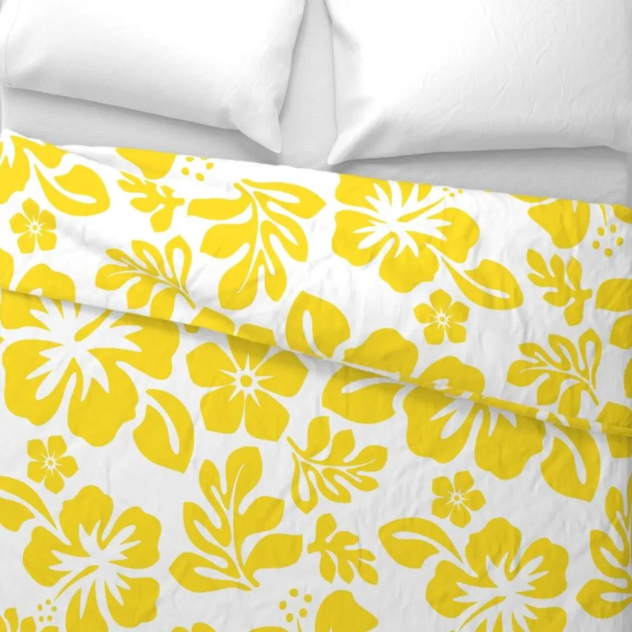 Yellow Hawaiian Hibiscus Flowers on White Duvet Cover - Medium Scale